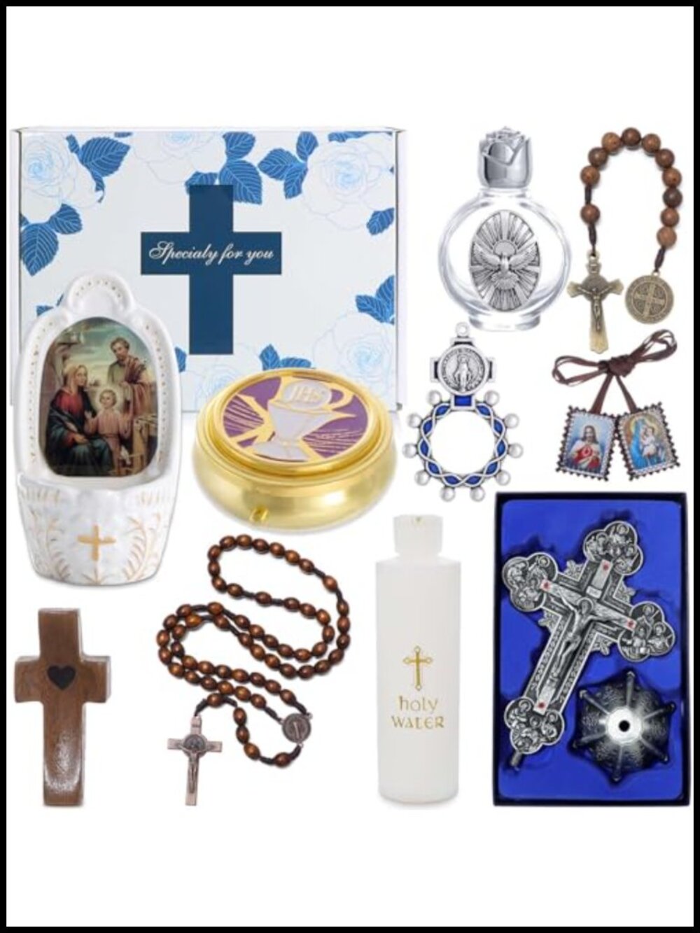 10pc Christian Faith Gift Set Rosary Crucifix Holy Water Font PYX Box